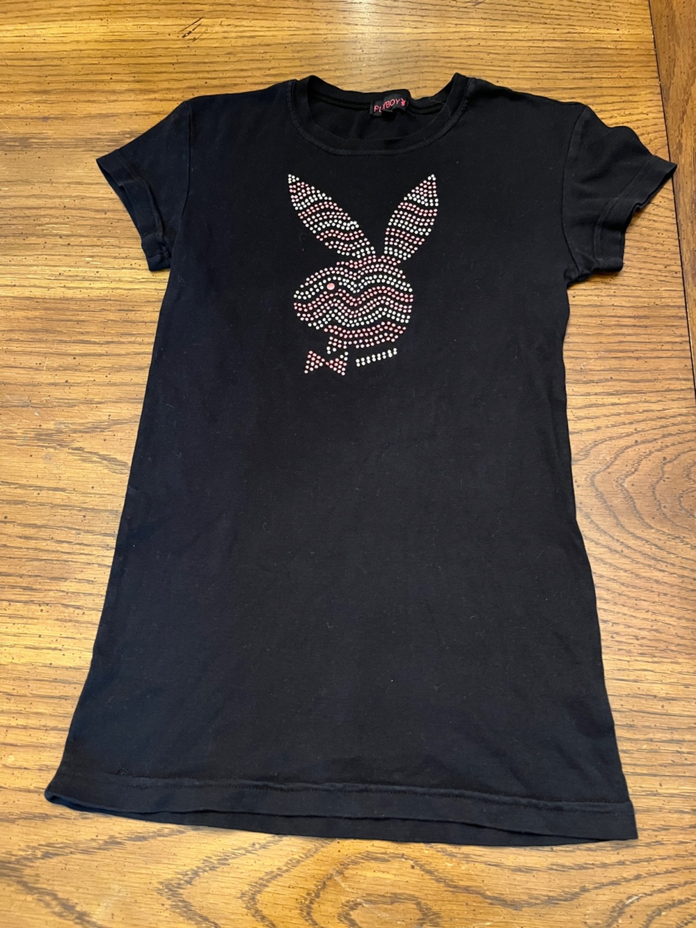 PLAYBOY Black Tee with Pink and Silver Studded Bunny Logo, size small
